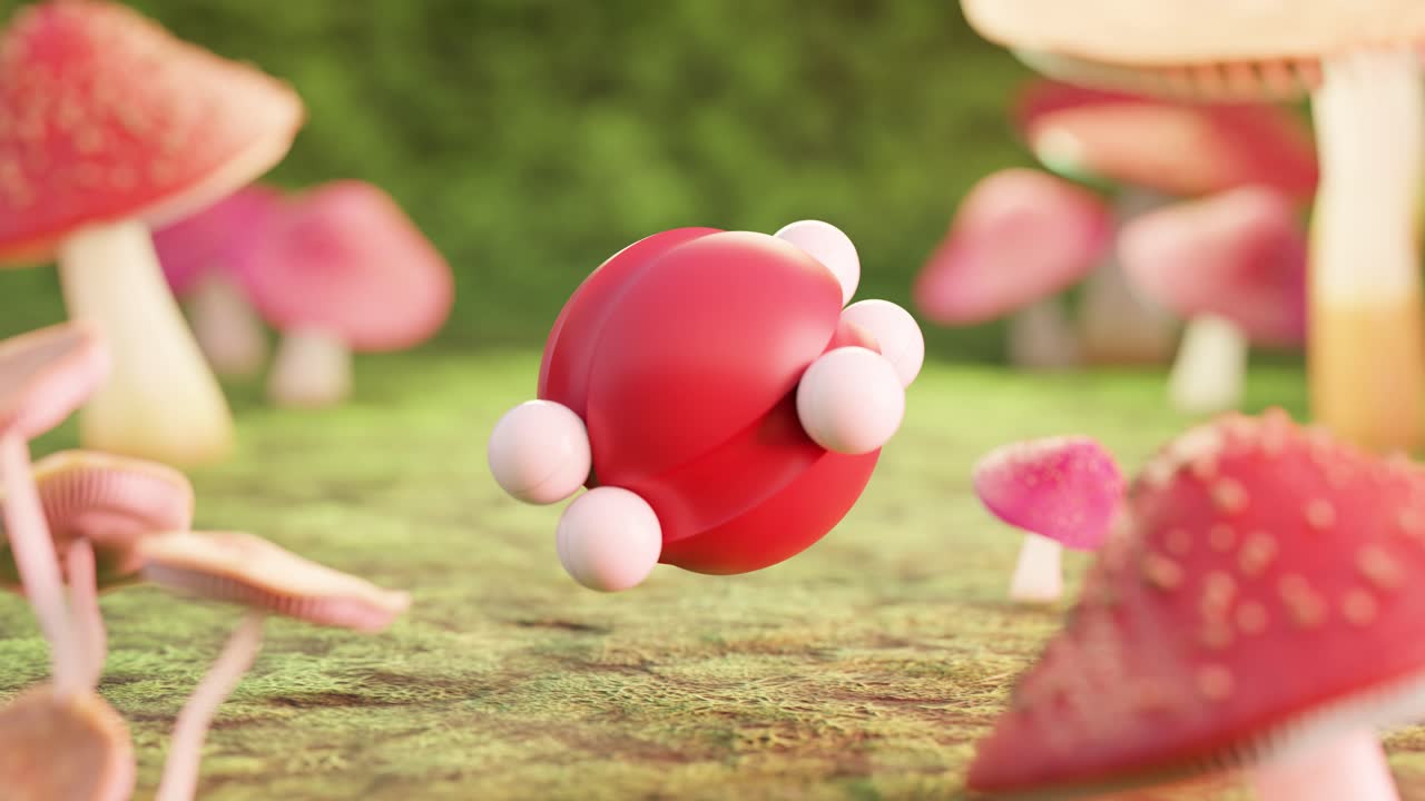 3D animation loop of levitating sphere with small plastic balls rolling in orbit near mushrooms