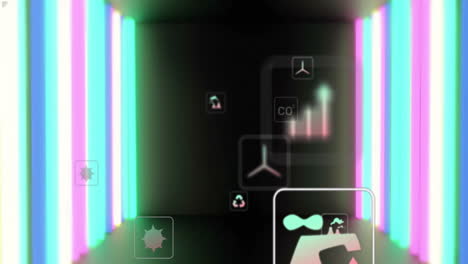 Illuminating with neon lights, animation of futuristic icons in dark corridor