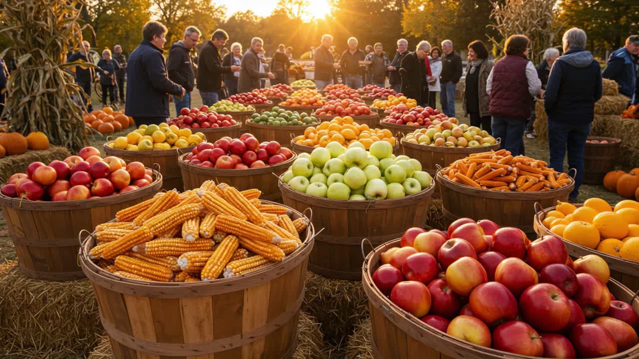 Autumn Harvest Festival with Fresh Produce and People at Sunset
