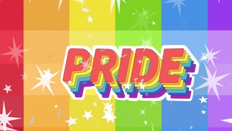 animation of pride text in rainbow colours with white stars falling on rainbow striped background