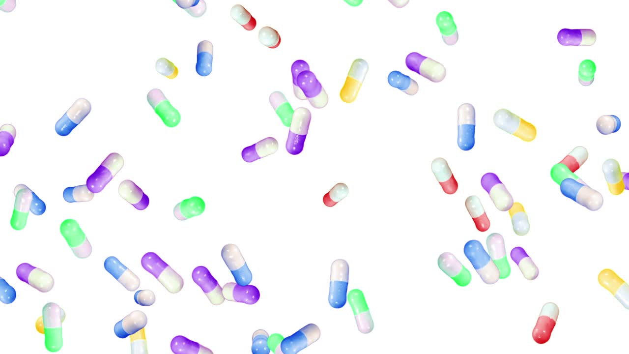 Molte capsule mediche che volano su sfondo bianco. Concetto medico e farmaceutico. Animazione 3D di capsule colorate che ruotano. Animazione in loop