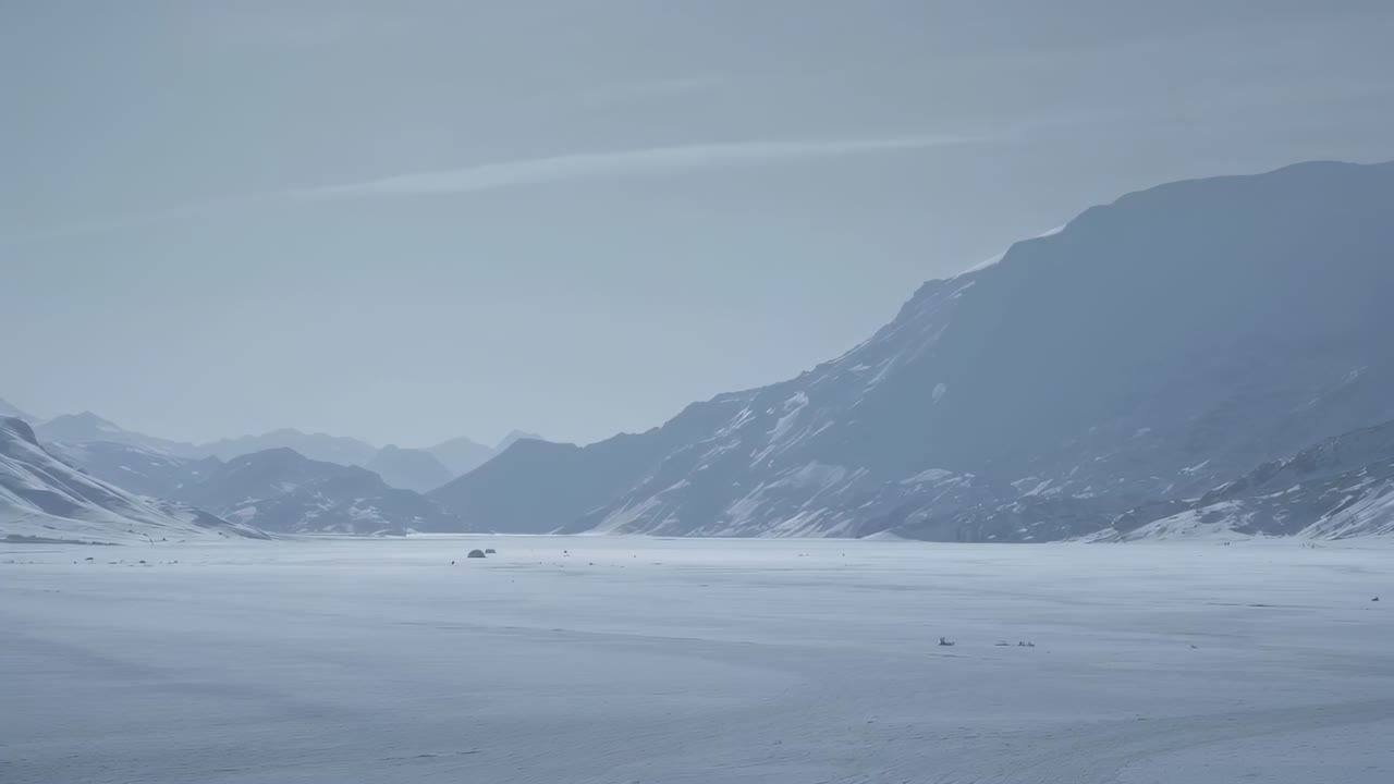 Panning camera right, showing remote alpine valley with ridge, peaks, specks, capturing haze shifts