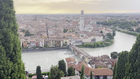 View overlooking Verona, river and Ponte Petra at sunset from Saint Peter's Hill