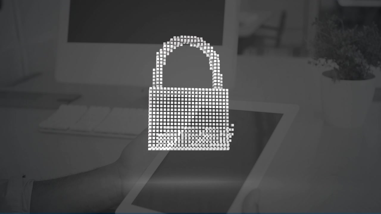 Animation of digital padlock and cloud over computers in office