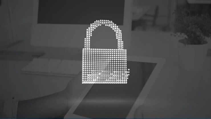 Animation of digital padlock and cloud over computers in office