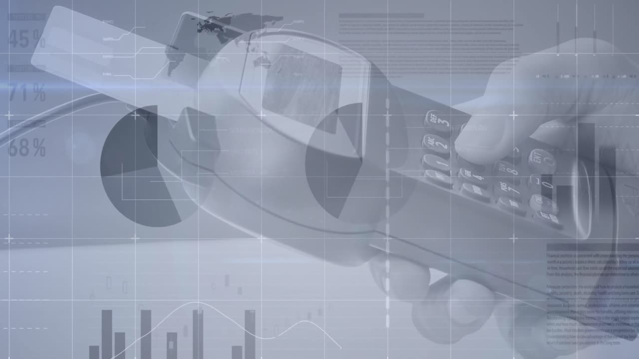 Statistical data processing against close up of person's hand using a card machine