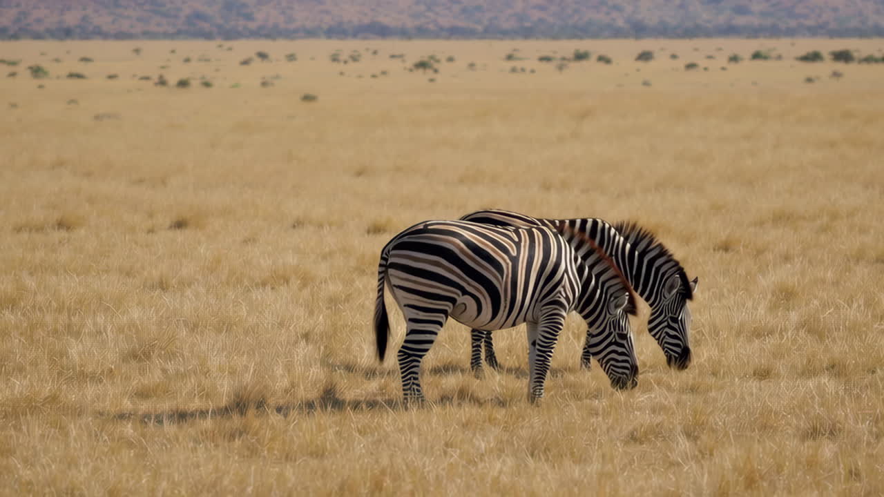 Two Zebras Grazing in a Savannah