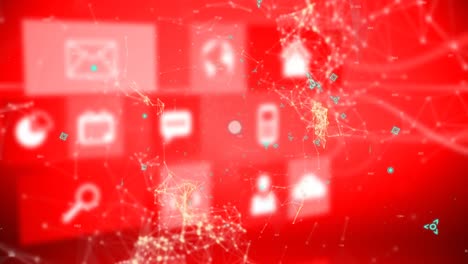 animation of globe and network of connections with icons on red background