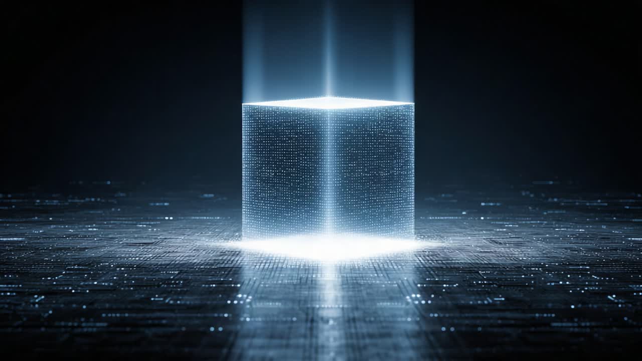 A Glowing Cube Surrounded by Digital Particles: An Exploration of Light and Geometry in a Virtual Space, Merging Technology with Uniqueness