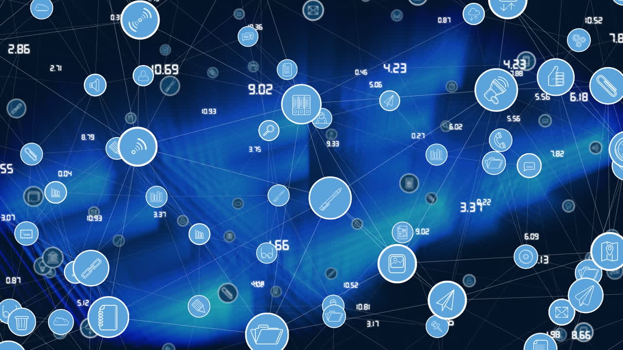 Animation of network of connections with icons over blue background