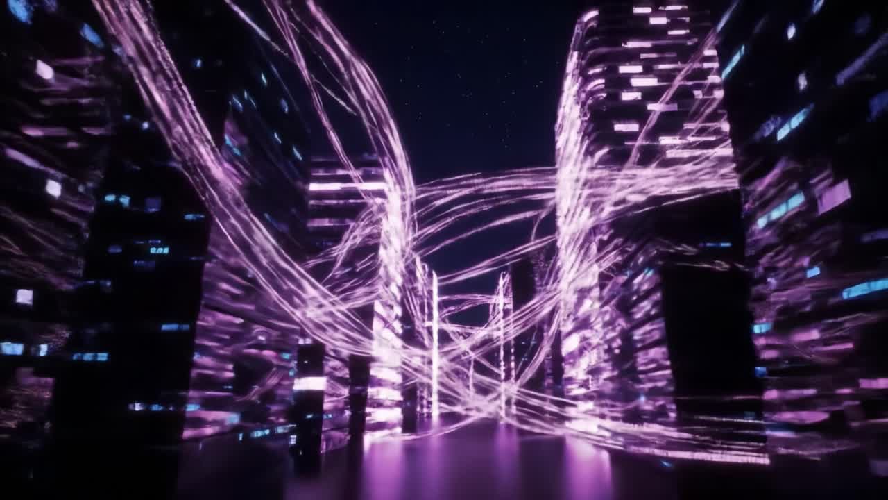 A mesmerizing visual journey through an illuminated cyber cityscape, showcasing dynamic light trails weaving between futuristic skyscrapers under a starry night sky.
