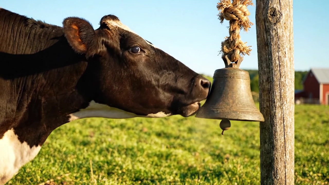 A tranquil rural scene featuring a curious cow next to a rustic bell, set against a picturesque backdrop of green fields and a clear blue sky in a serene farming environment.
