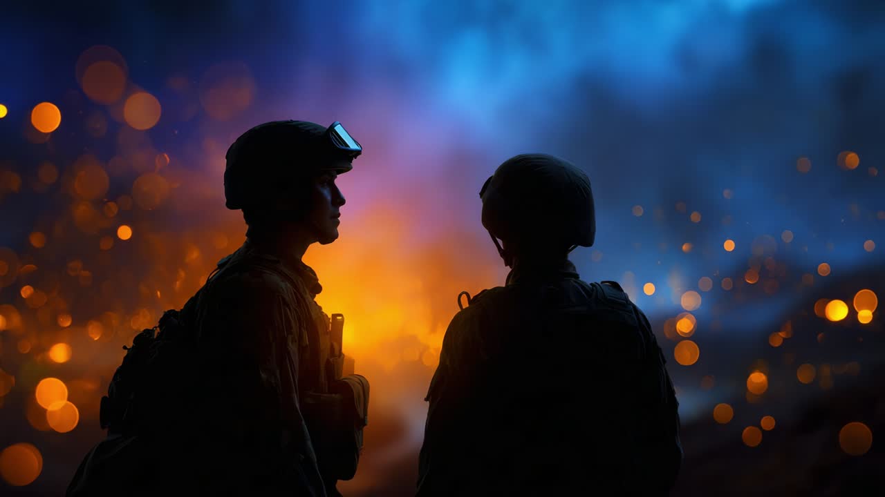 Two soldiers silhouetted against a dramatic fiery background, depicting themes of camaraderie and resilience during wartime, illuminated by vibrant bokeh lights and a contrasting blue sky
