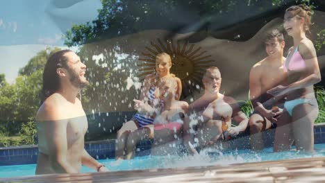 animation of flag of argentina over happy caucasian friends having fun at swimming pool