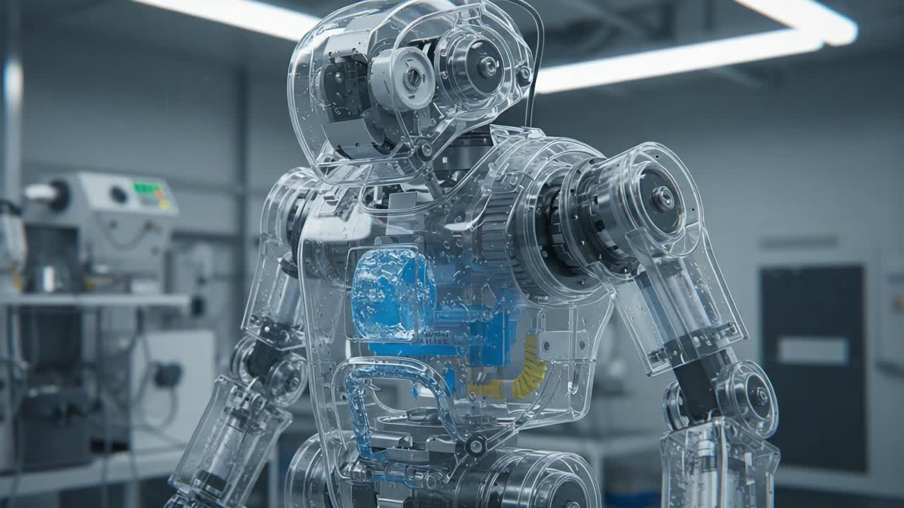 A Transparent Robotic Figure Showcasing Advanced Mechanics and Components in a Laboratory Setting, Highlighting the Future of Automation and Robotic Technology
