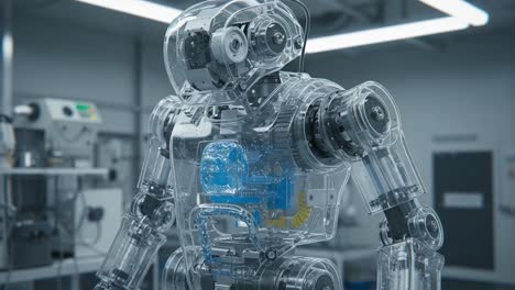 a transparent robotic figure showcasing advanced mechanics and components in a laboratory setting, highlighting the future of automation and robotic technology