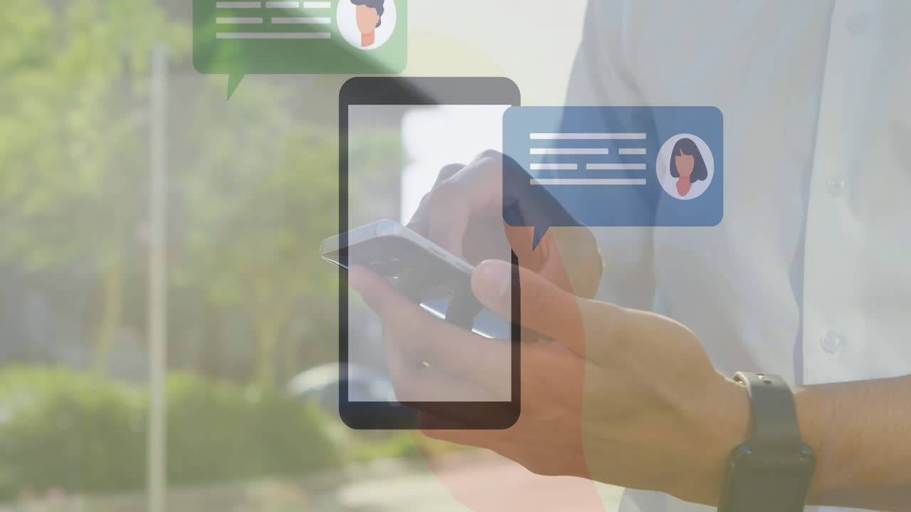 Using smartphone, person viewing animation of chat message icons on screen