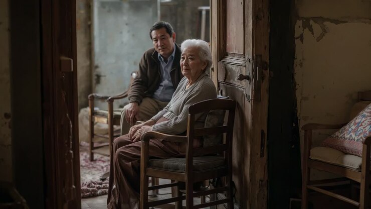 Ascoltando il doppiaggio fuori campo, madre e figlio si girano verso la porta di casa, in cardigan, giacca vicino alle sedie