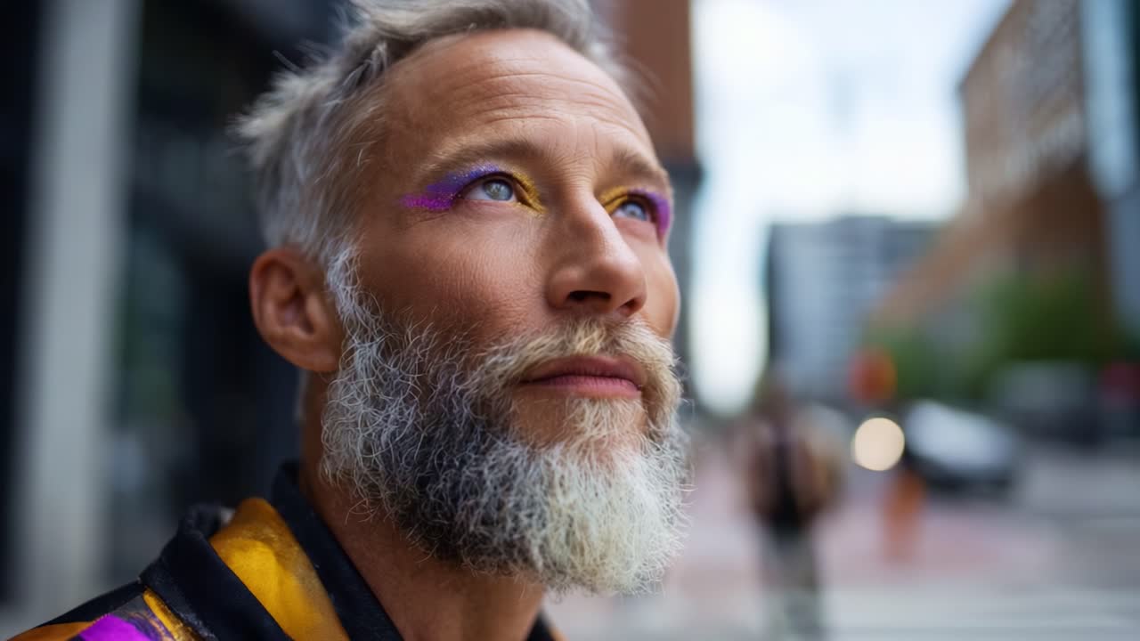 En stilfuld person med levende øjenmakeup kigger eftertænksomt ud i det fjerne i en urban setting med slørede baggrundselementer