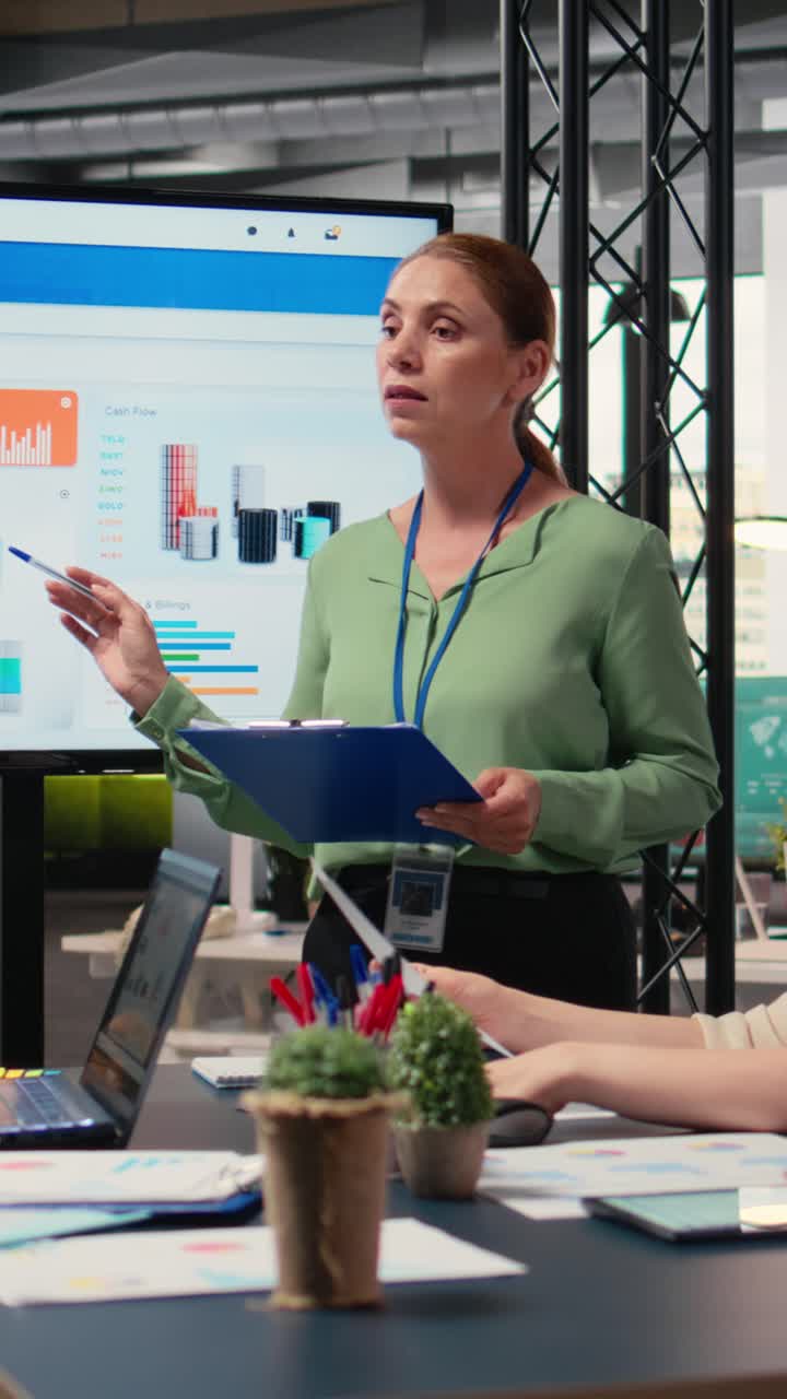 Vertical Video Woman CEO presenting ambitious business goals and growth strategy