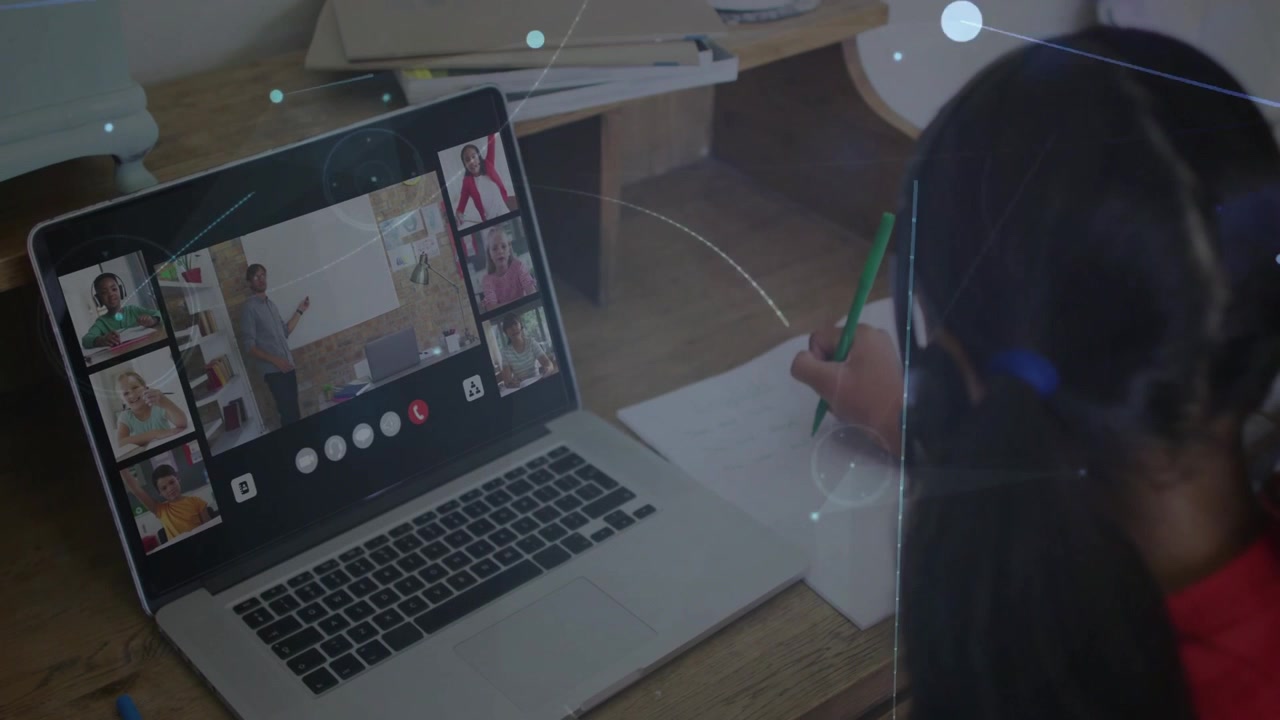 Opening laptop, schoolgirl joining virtual classroom, copying notes while digital overlay pulsing