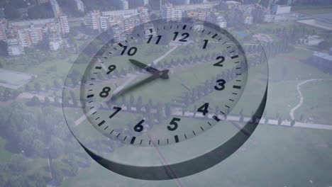 animation of clock ticking fast over roads and cityscape