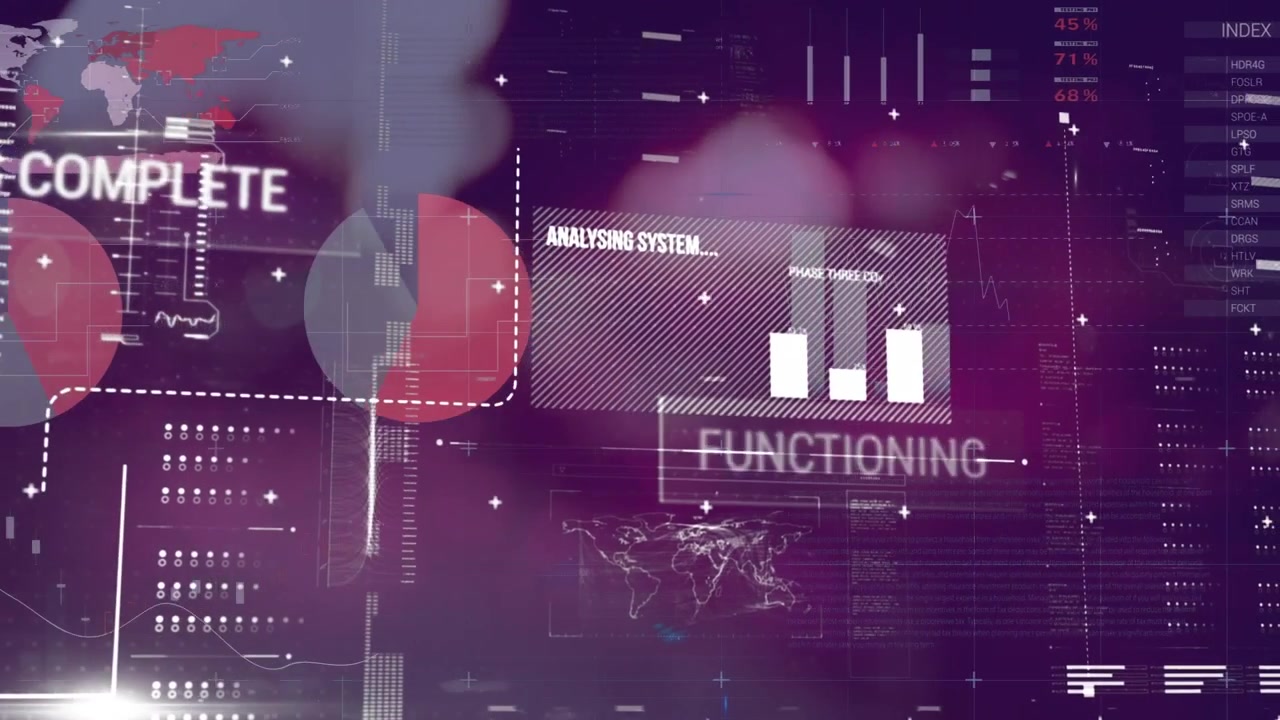 Animation of diverse data and graphs on digital screen over night blurred road traffic