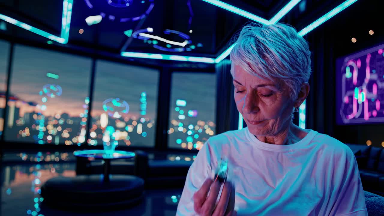 Senior Woman Smelling Perfume in Futuristic City View Interior