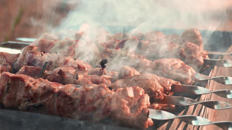 Nahaufnahme-Von-Schweinefleischschaschlikspießen,-Die-Auf-Einer-Kohlenpfanne-Grillen.-Leckere-Schweinefleischspiesse-Auf-Dem-Grill