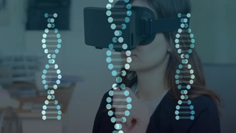woman wearing vr headset sitting at desk, analyzing science data with animated dna helix overlays