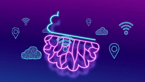 animación del procesamiento de datos de la ia a través de nubes e íconos wifi.