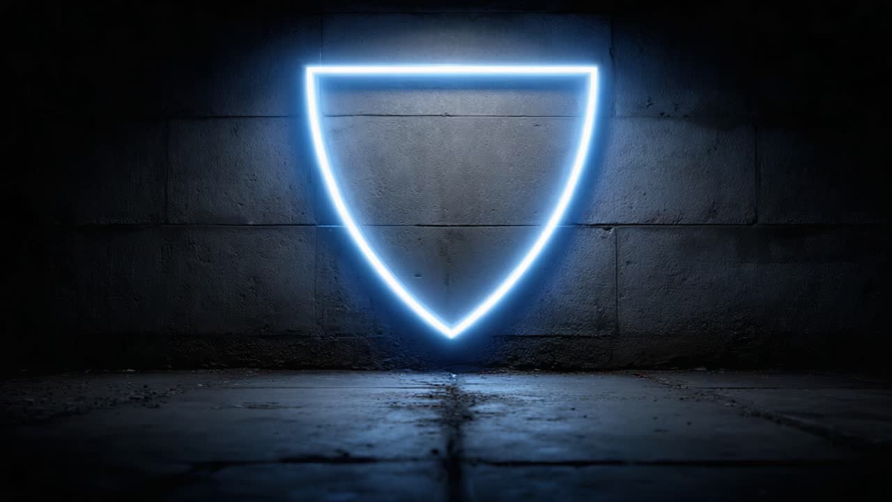A Glowing Neon Shield Symbol Emitting a Soft Light Against a Dark Textured Background, Creating an Enigmatic and Modern Ambiance in the Scene
