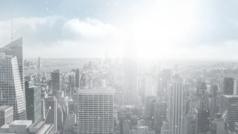snow falling and cityscape