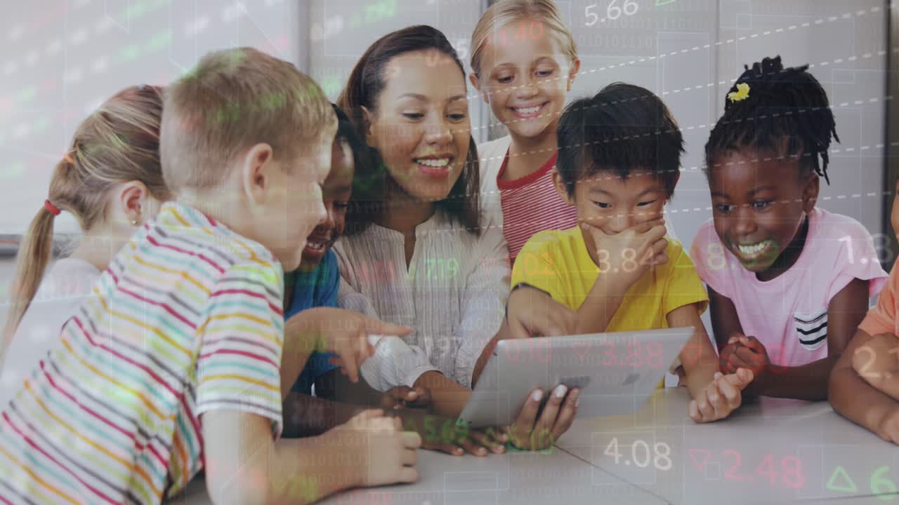 Animation of data processing over diverse schoolchildren and teacher using tablet