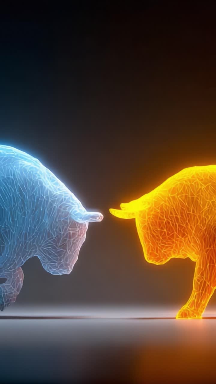 Una confrontación dinámica entre dos toros estilizados en colores azul y naranja, que captura la esencia de la tensión del mercado y la competencia en un estilo de arte digital moderno