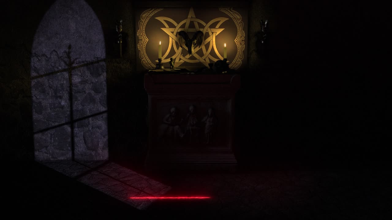 cgi 3d iluminado por la luna revela una toma de una capilla oscura con un altar de piedra antiguo de estilo pagano satánico, un grimorio, un cuenco sangrante, objetos místicos y un pentáculo rojo brillante que aparece mágicamente en el suelo de piedra