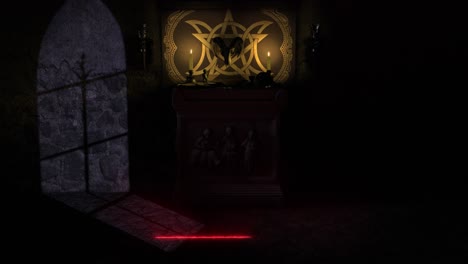 moonlit 3d cgi reveal shot of a dark chapel with satanic pagan style ancient stone altar, grimoire, bleeding bowl, mystical objects and a shimmering red pentacle magically appearing on the stone floor