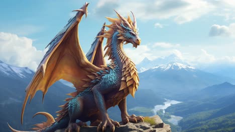 majestic golden dragon perched on mountain peak