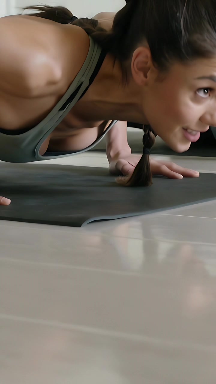Video verticale: Inizio serie, donna con canotta grigia che abbassa il petto su un tappetino scuro in palestra per la forza