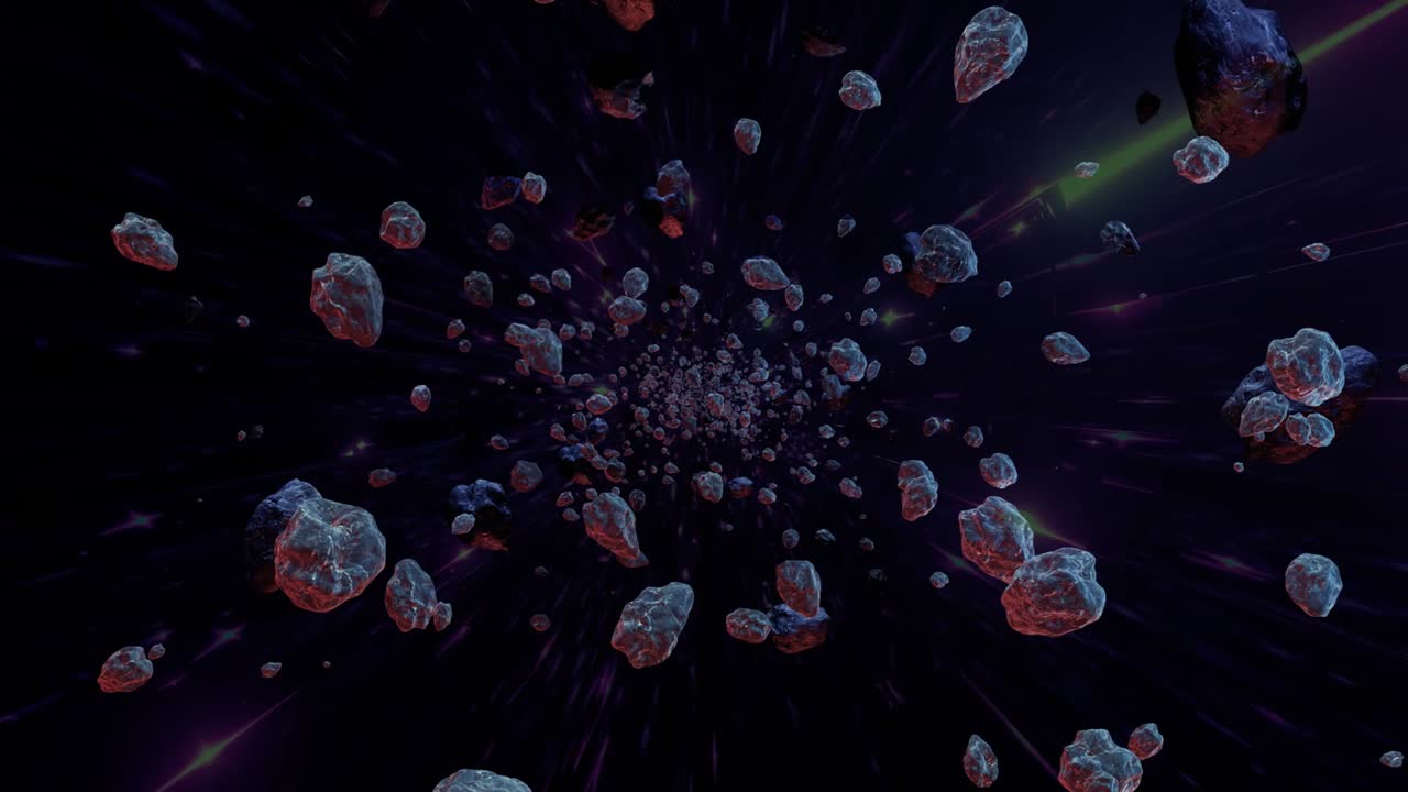Large rocky asteroids loop moving swiftly through dark cosmic background, generating vibrant light trails across distant galactic space with dramatic planetary motion