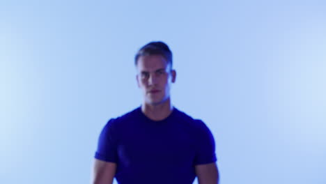 man in a blue shirt