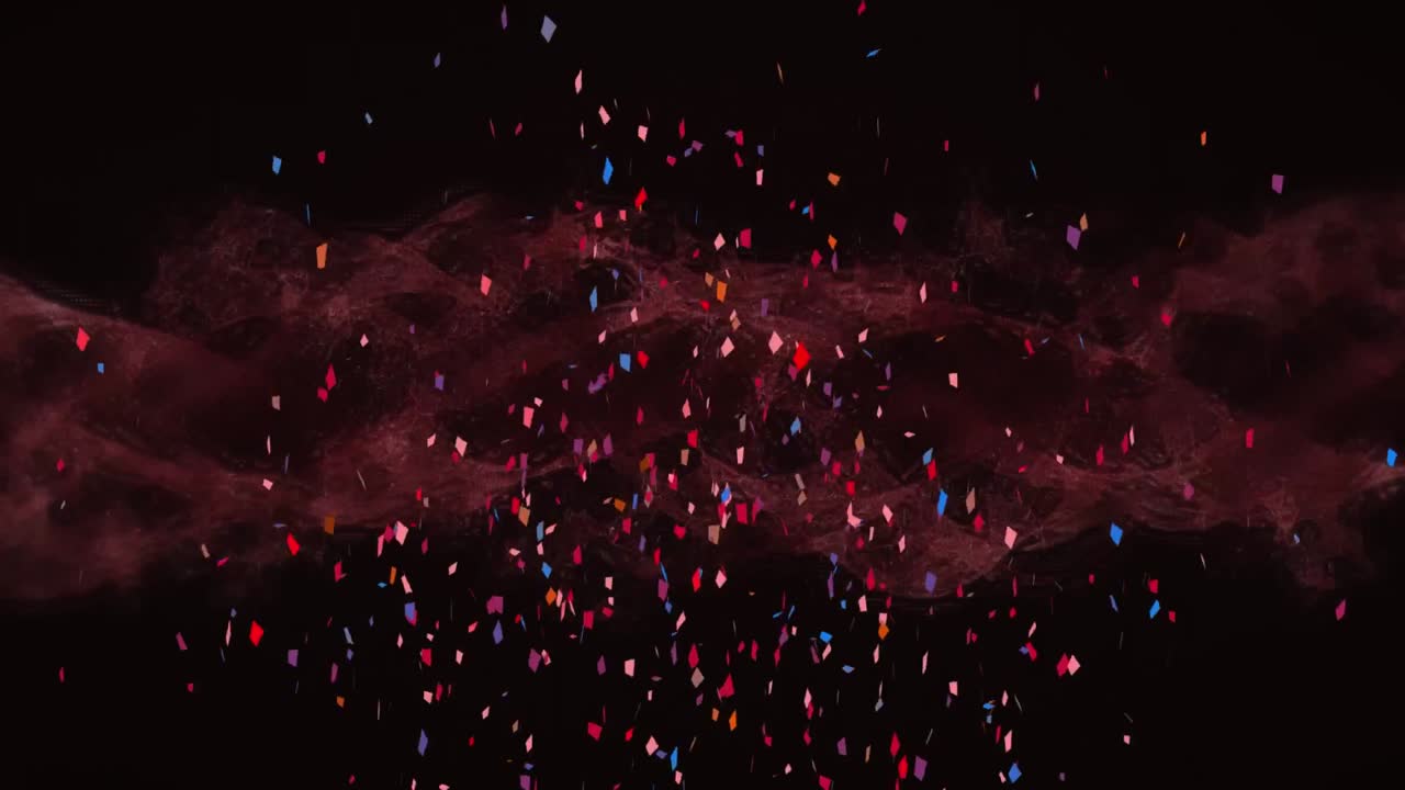Animation of colourful confetti falling over red cloud moving on black background