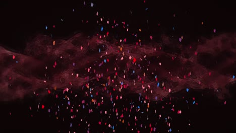 Animation-of-colourful-confetti-falling-over-red-cloud-moving-on-black-background