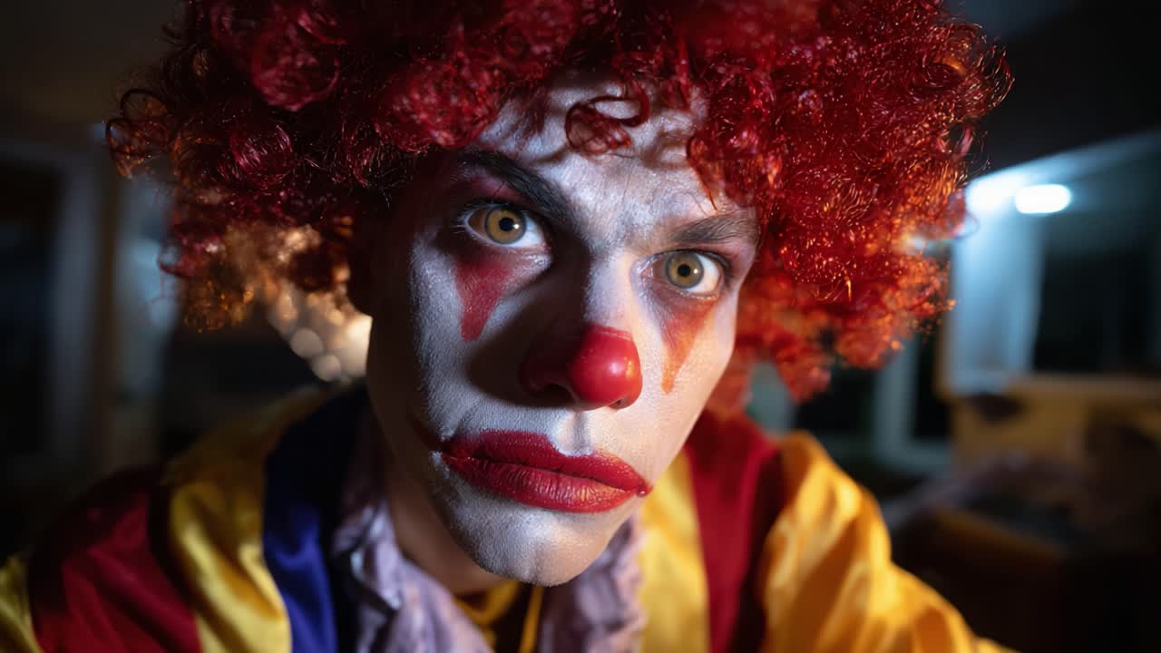 Intens klovn med rød paryk og markant makeup fanget i dramatiske frames, der viser følelser og udtryk i en mystisk og uhyggelig atmosfære