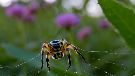 colorful spider on a dew-covered web in nature