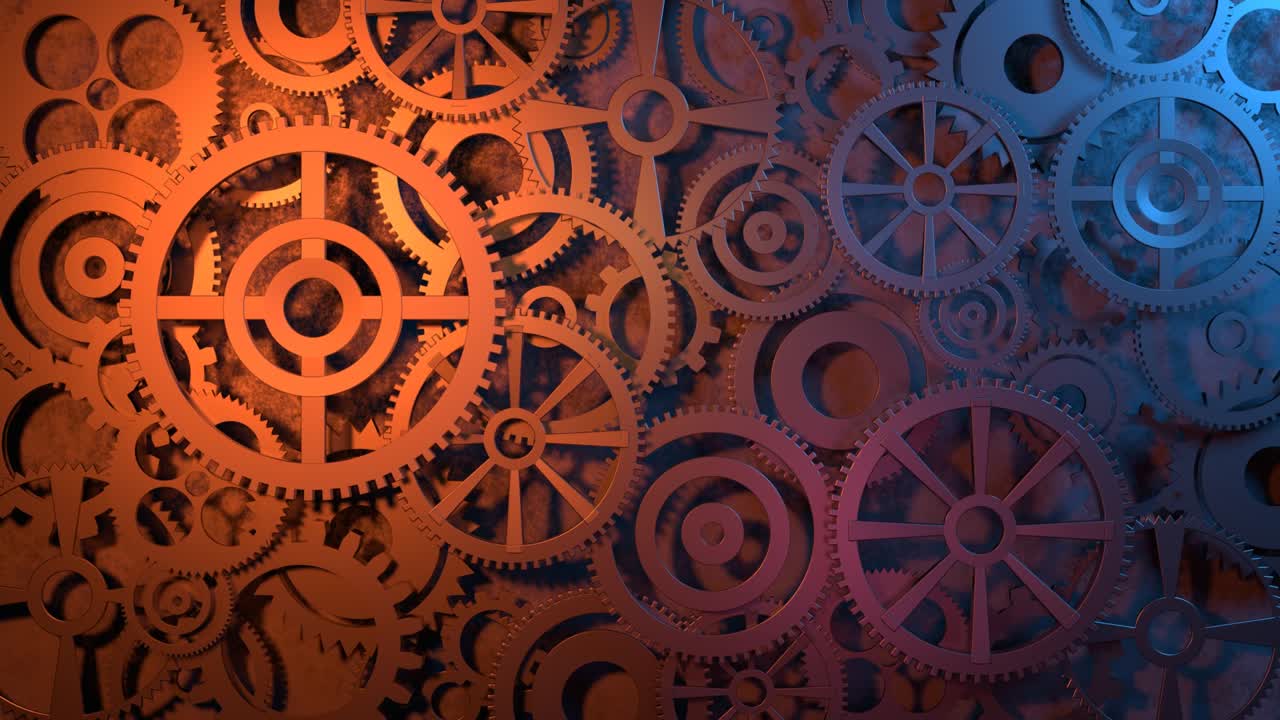 muchos engranajes giran como concepto de cualquier mecanismo o trabajo en equipo. fondo técnico 3d 4k bucle sin costuras