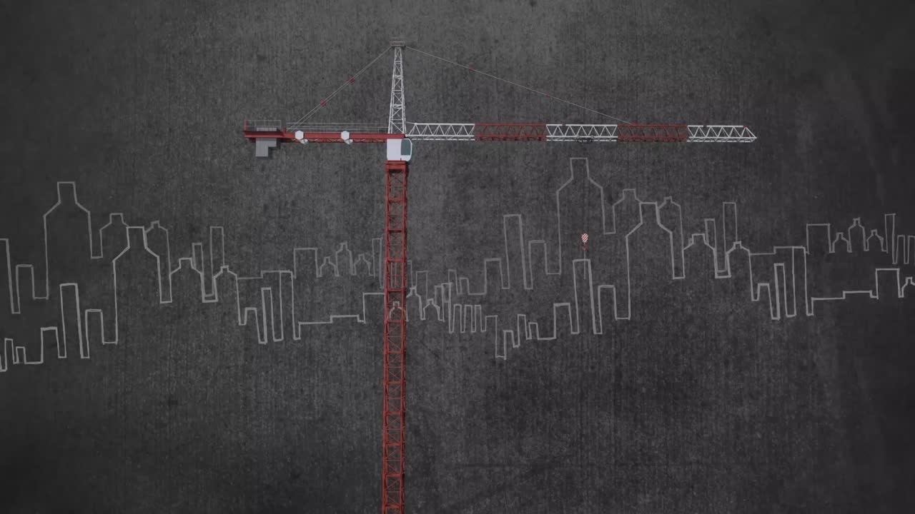 animación de grulla roja y blanca sobre el paisaje urbano sobre un fondo gris