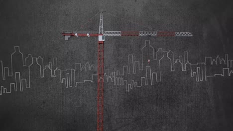 Animation-of-red-and-white-crane-over-cityscape-on-grey-background