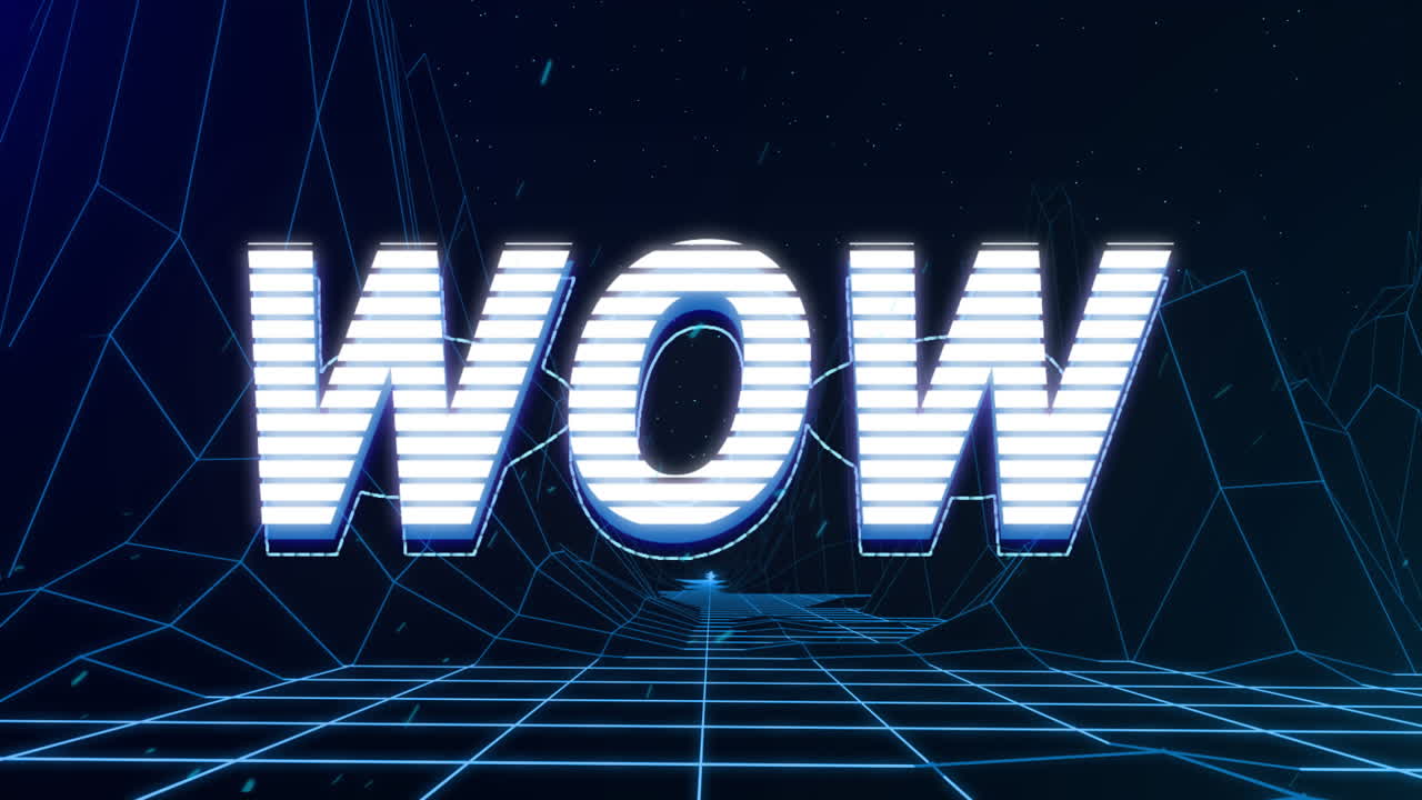 애니메이션 빈티지 비디오 게임 화면에 와우라는 단어가 적혀 있습니다.