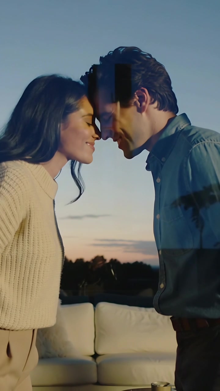 Video vertical: Pareja vestida casualmente, apoyada y tocándose las frentes en un balcón al anochecer, en un momento de cariño, con un sofá.